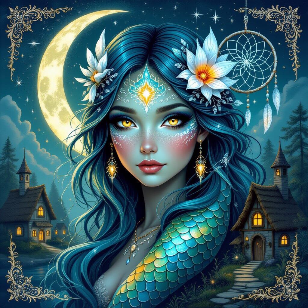 Bioluminescent Mermaid in Whimsical Village, Digital Art