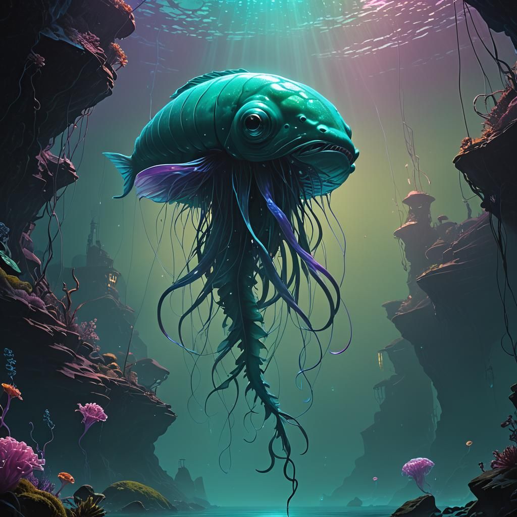 Mystical Fish-Snake Creature in Underwater Abyss