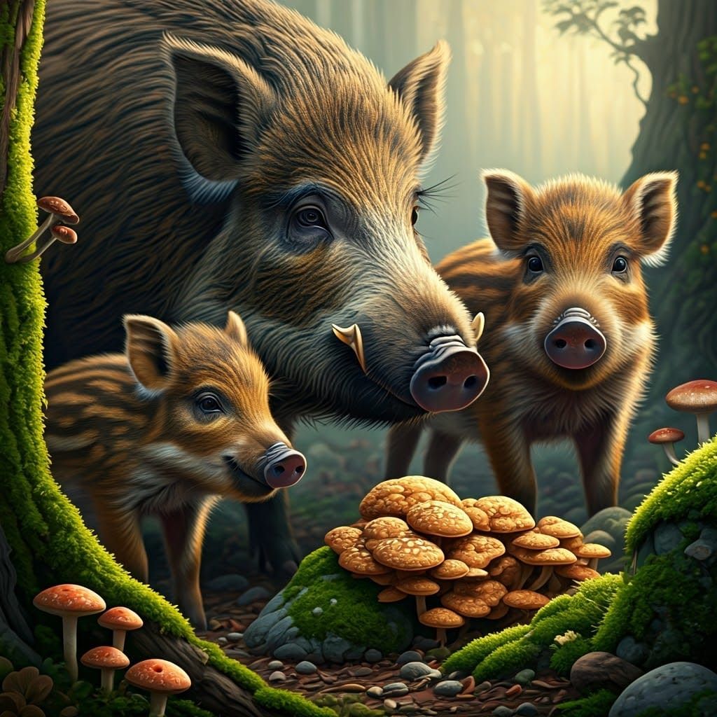 Wild Pigs Feast on Vibrant Truffles in a Lush Forest
