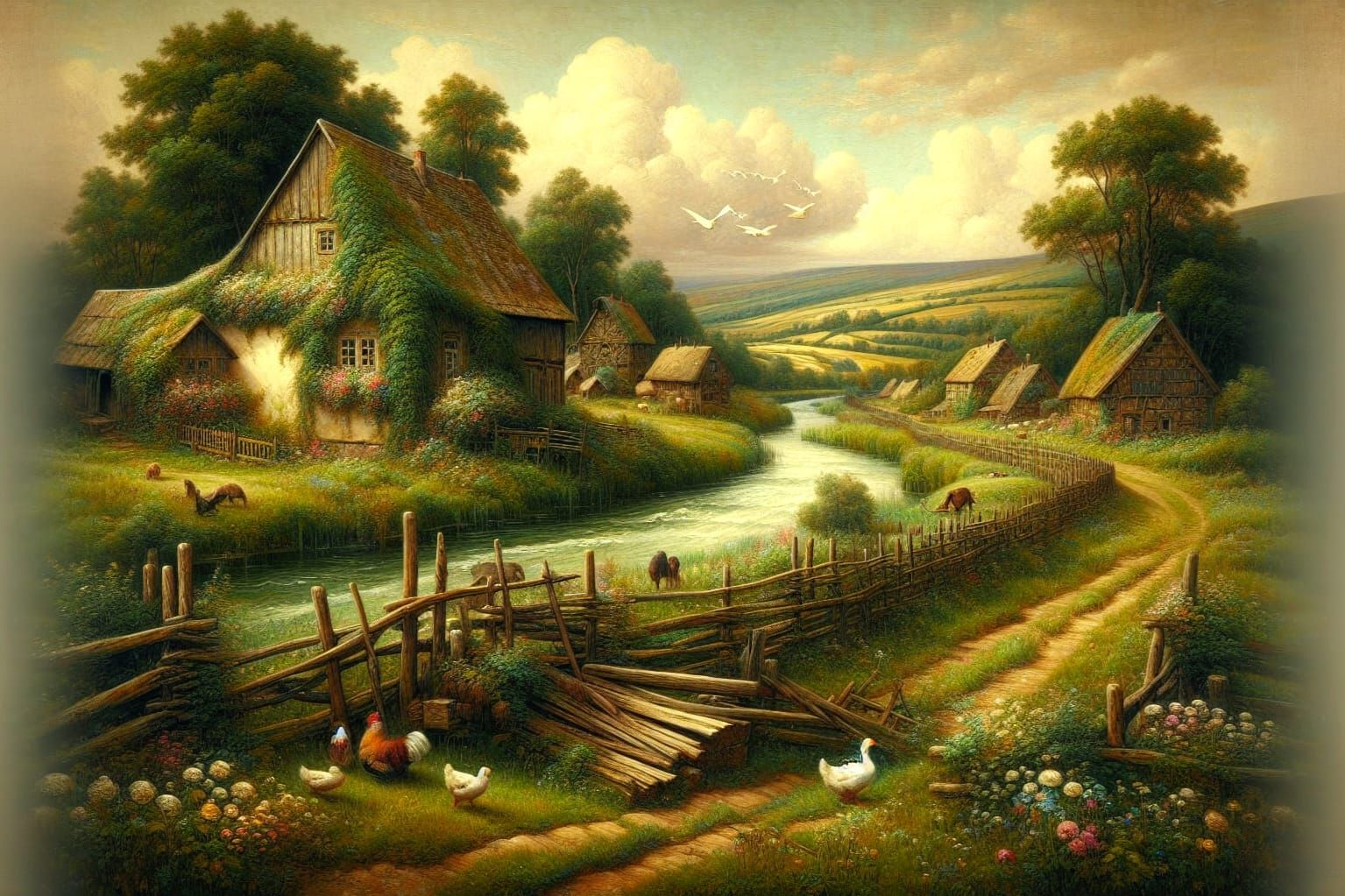Dreamy Idyllic Countryside in Oil Painting Style