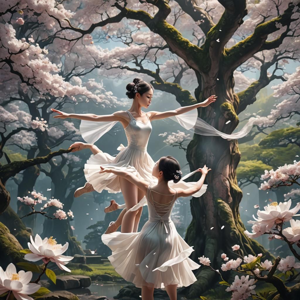 Japanese Ballerinas in Love Under Blossoming Tree