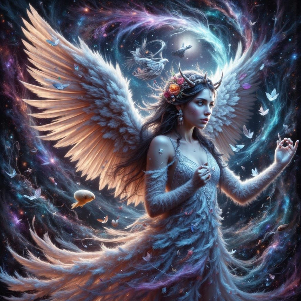 Winged Feline Angel in a Neon-Lit Dreamscape