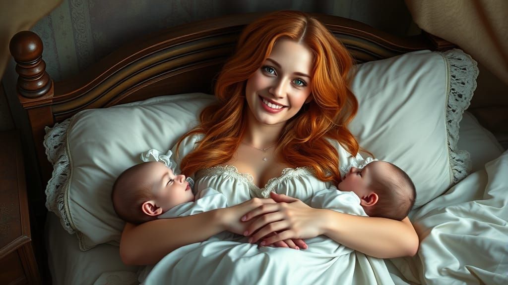 Regency Era Mother and Twin Daughters in Dreamy Nighttime Sc...