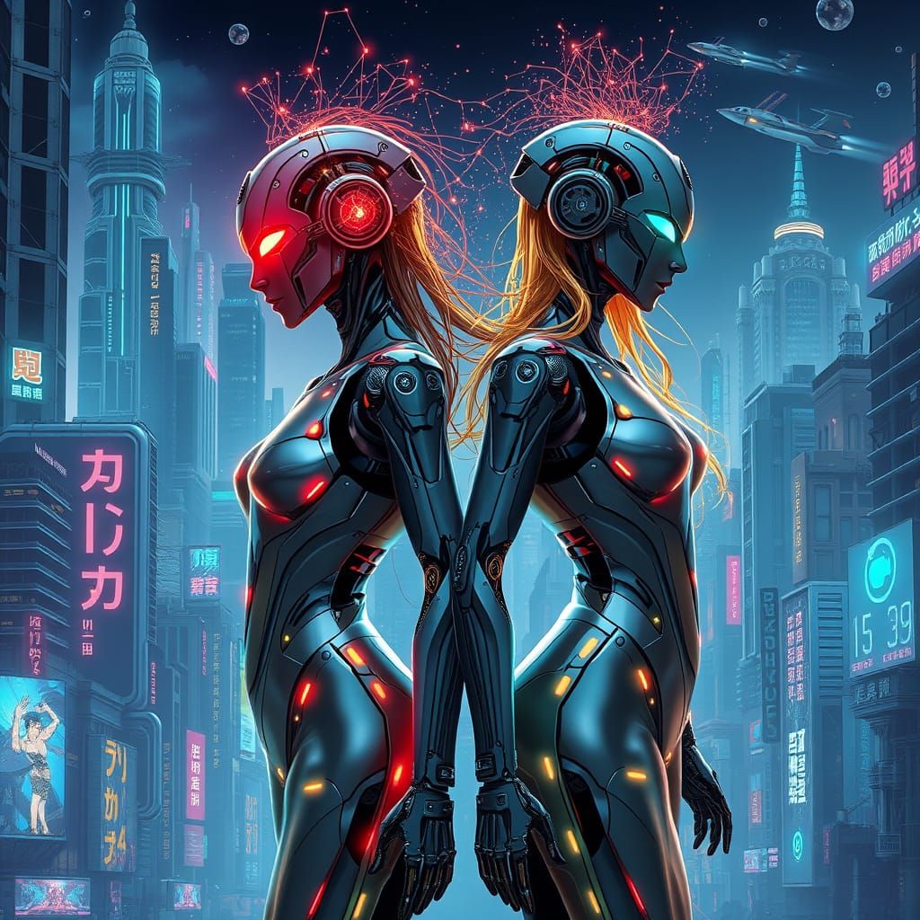 Sisters of the Digital Dawn in Cyberpunk Style