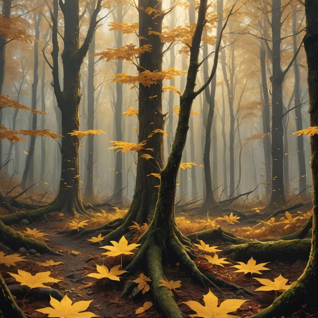 Misty Forest: Golden Yellow Trees in Digital Landscape
