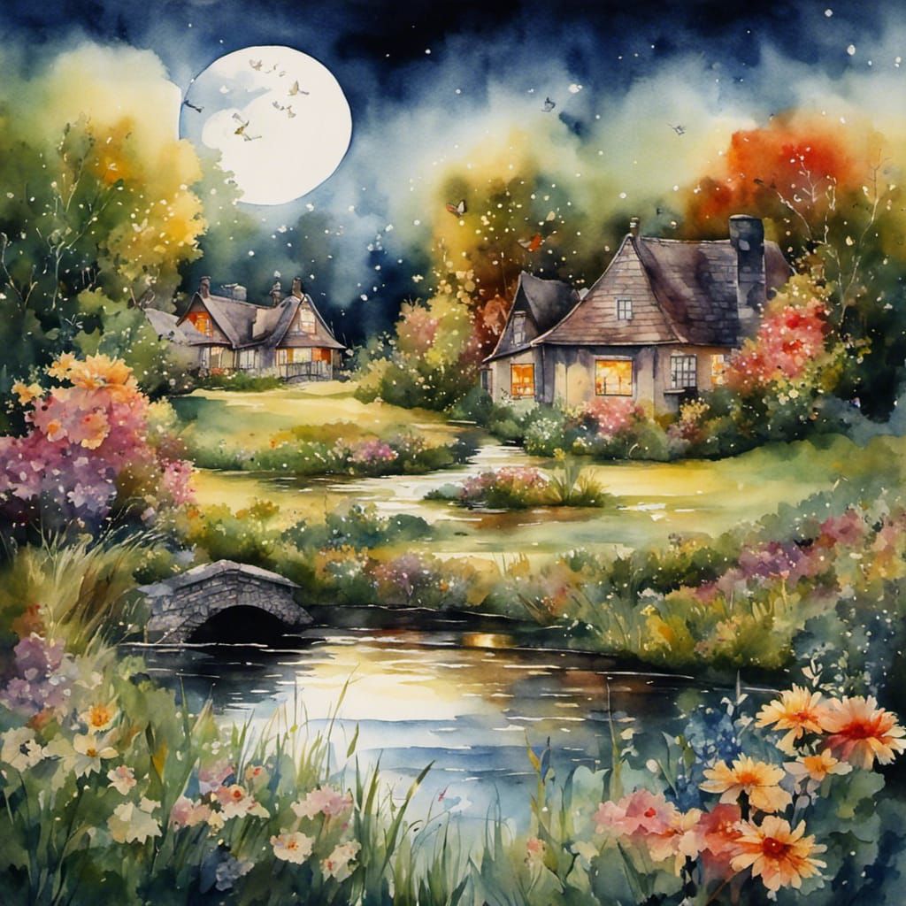 Watercolor Landscape on Crescent Moon
