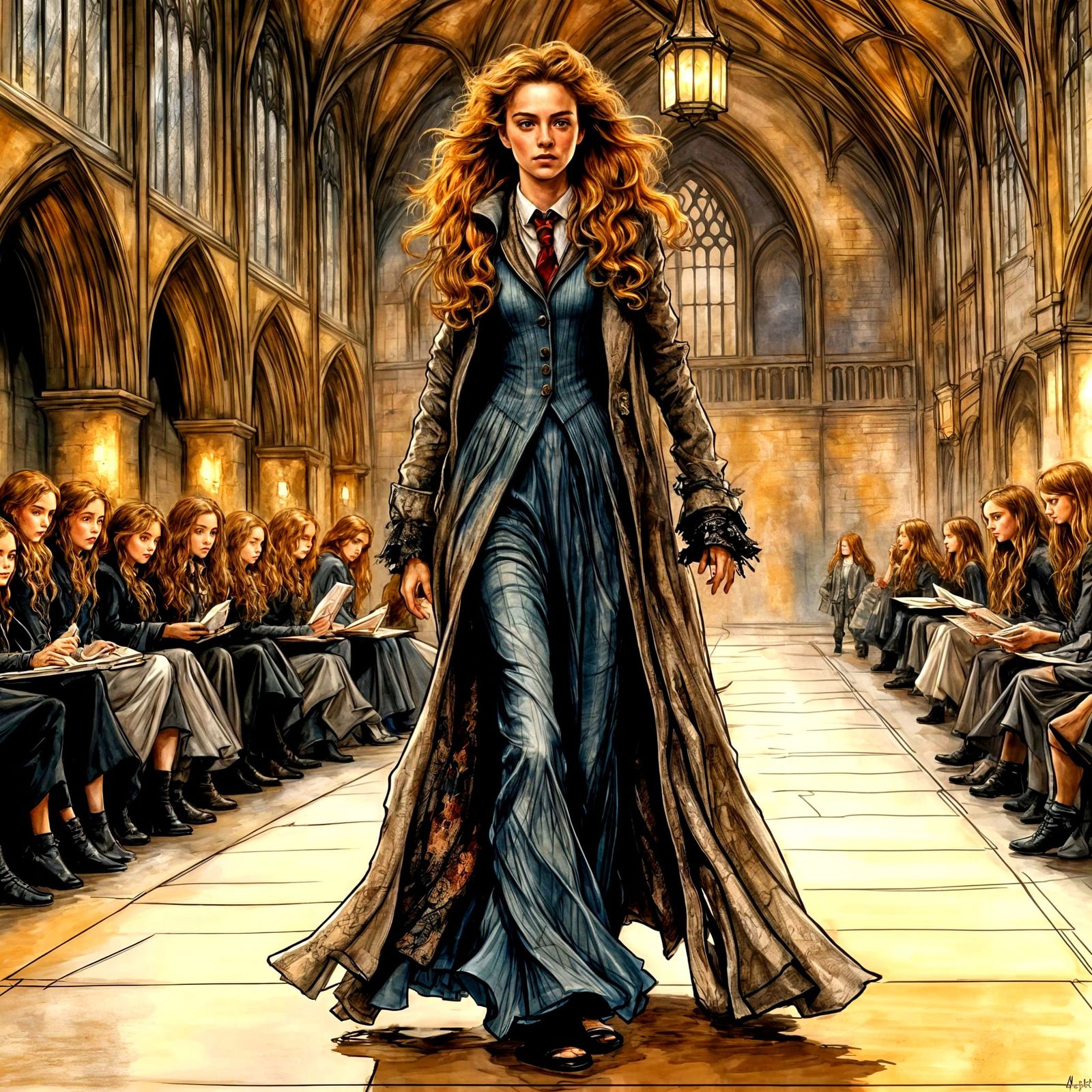 Hermione walking the high fashion runway at Hogwarts