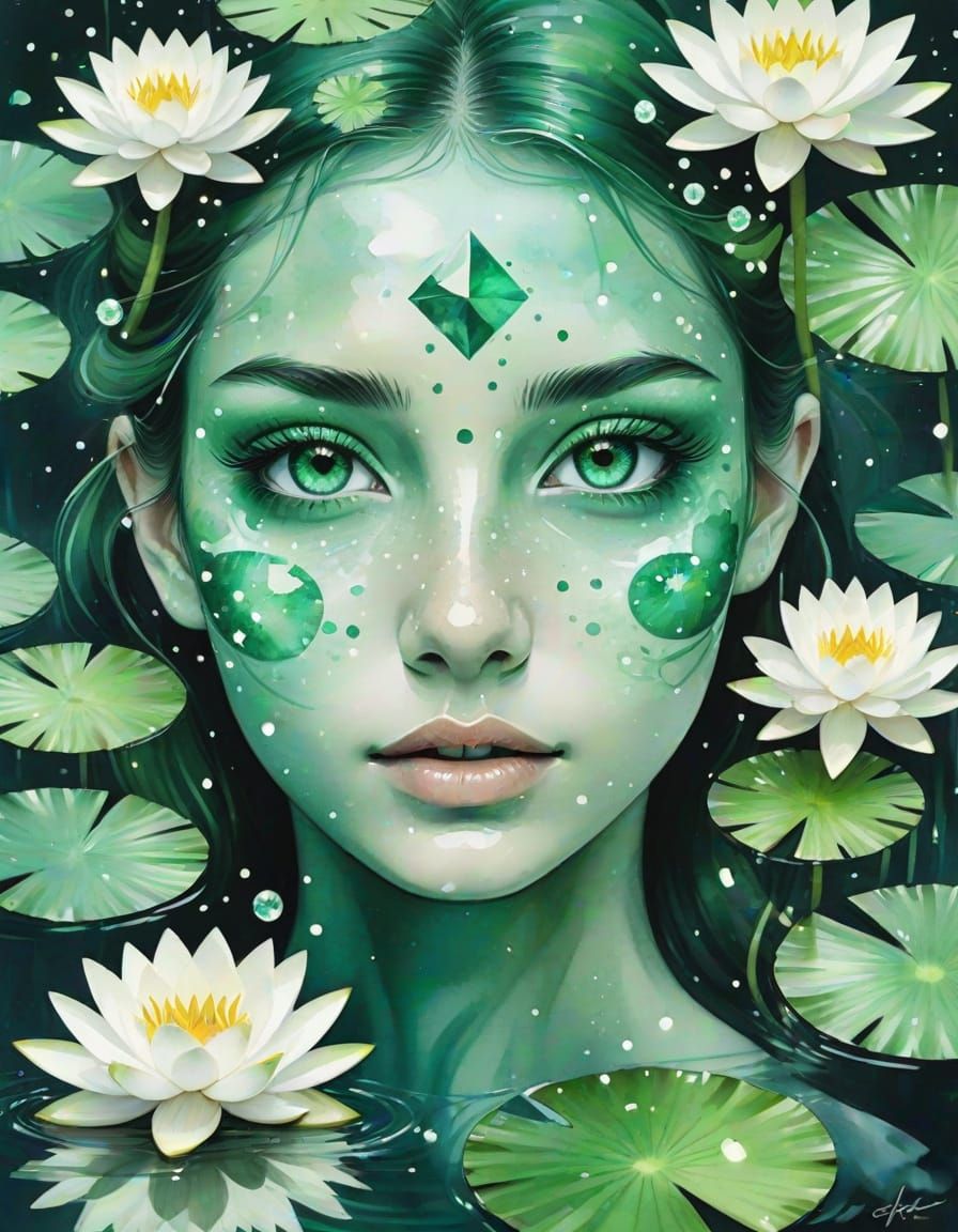 Whimsical Emerald Eyes in Watercolor Double Exposure