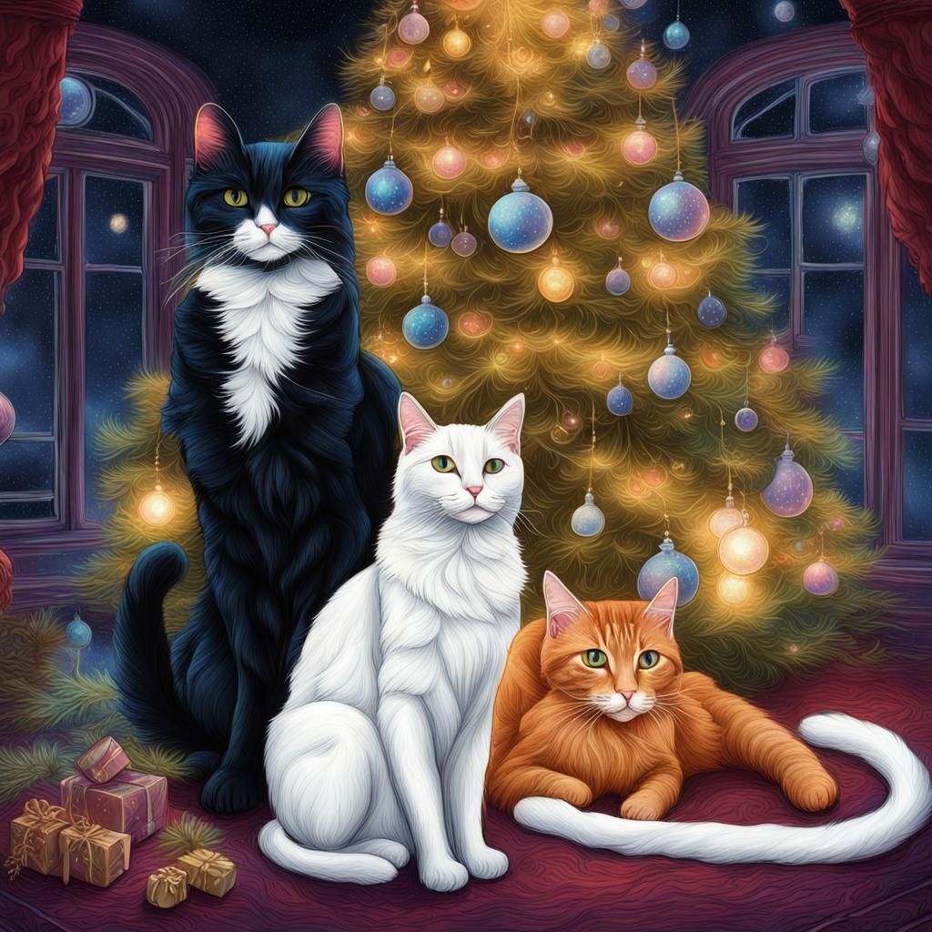 Elegant Cats Celebrate Christmas: A Cosmic Illustration