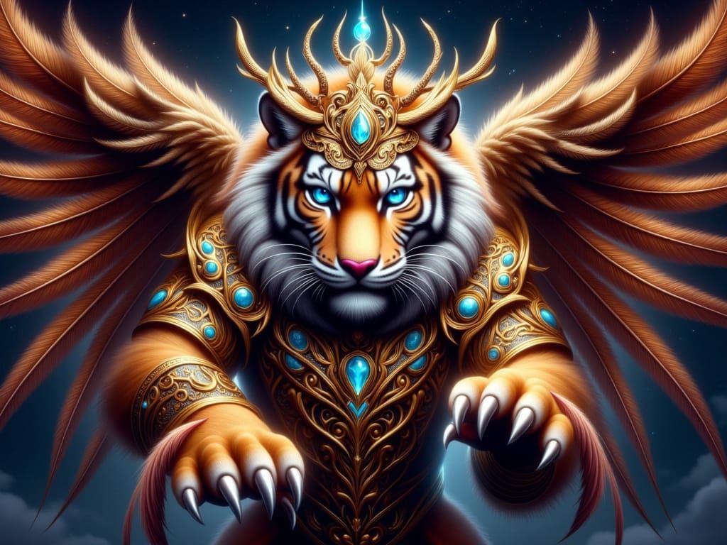 Majestic Celestial Tiger in Golden Armor with Wings