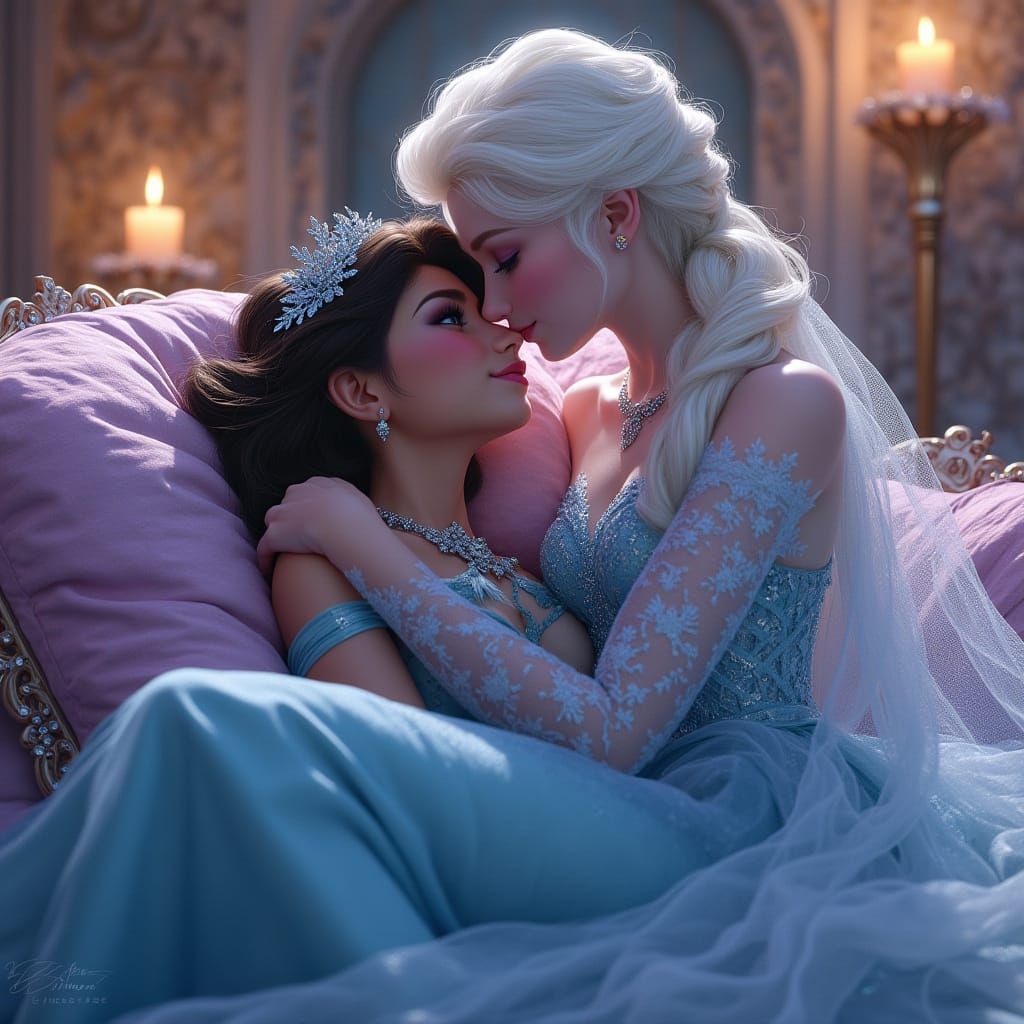 Elsa Kissing Princess Jasmine in Whimsical Lace Gown