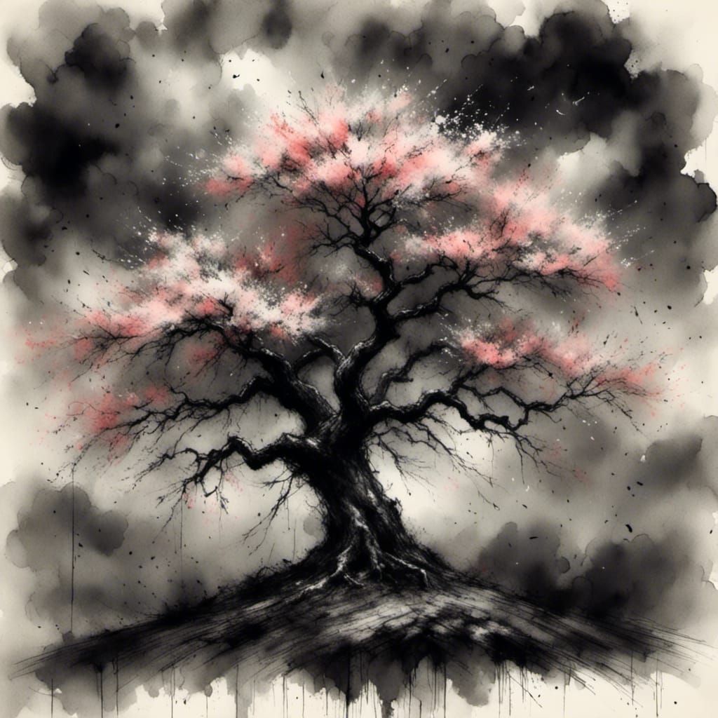 Sakura Tree in Storm: Charcoal and Pastel Illustration