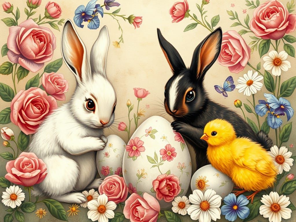 Whimsical Bunnies Painting Easter Eggs in Renaissance Style