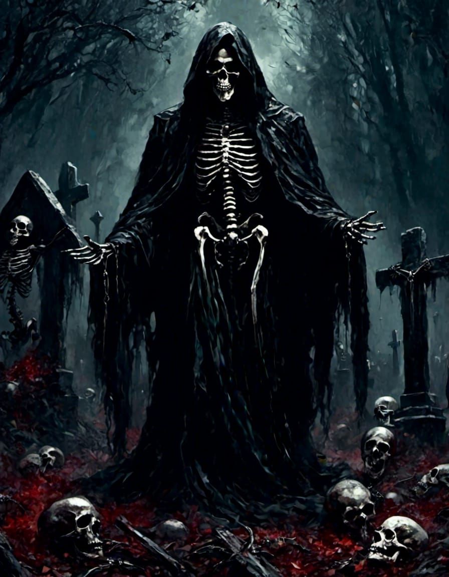 Towering Skeletal Figure in Graveyard