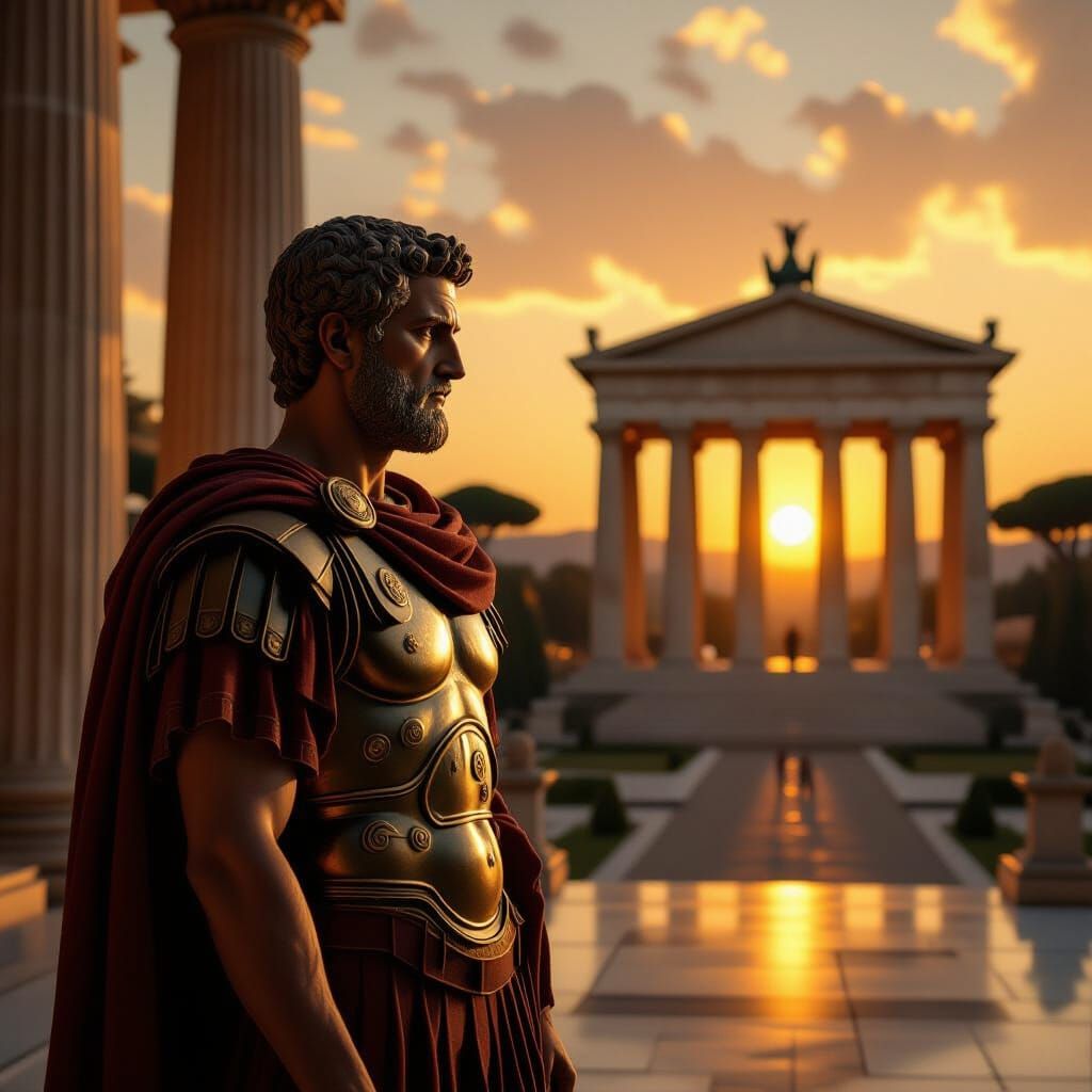 Stoic Roman Emperor at Ancient Temple in Golden Hour
