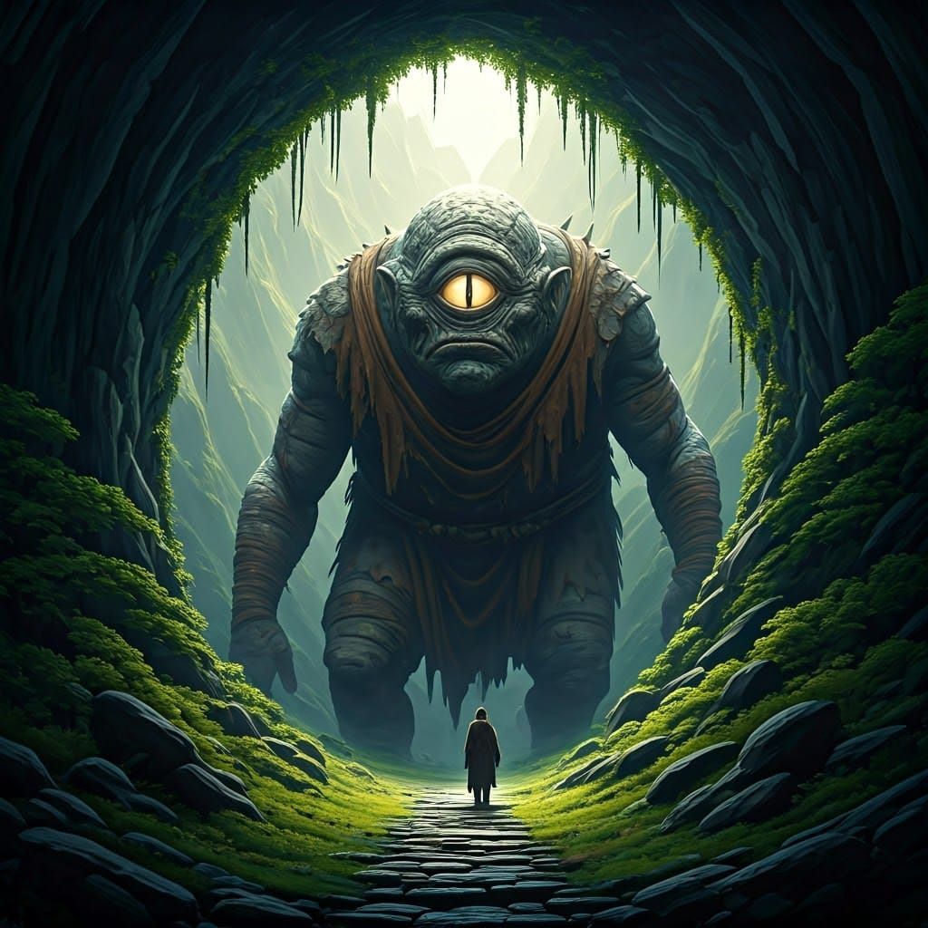 Cyclops Emerging from Mountain Cave in Watercolor Style