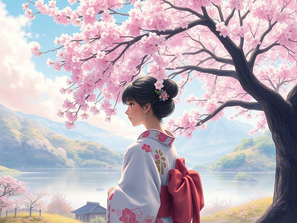 Delicate Japanese Girl in a Blossoming Garden