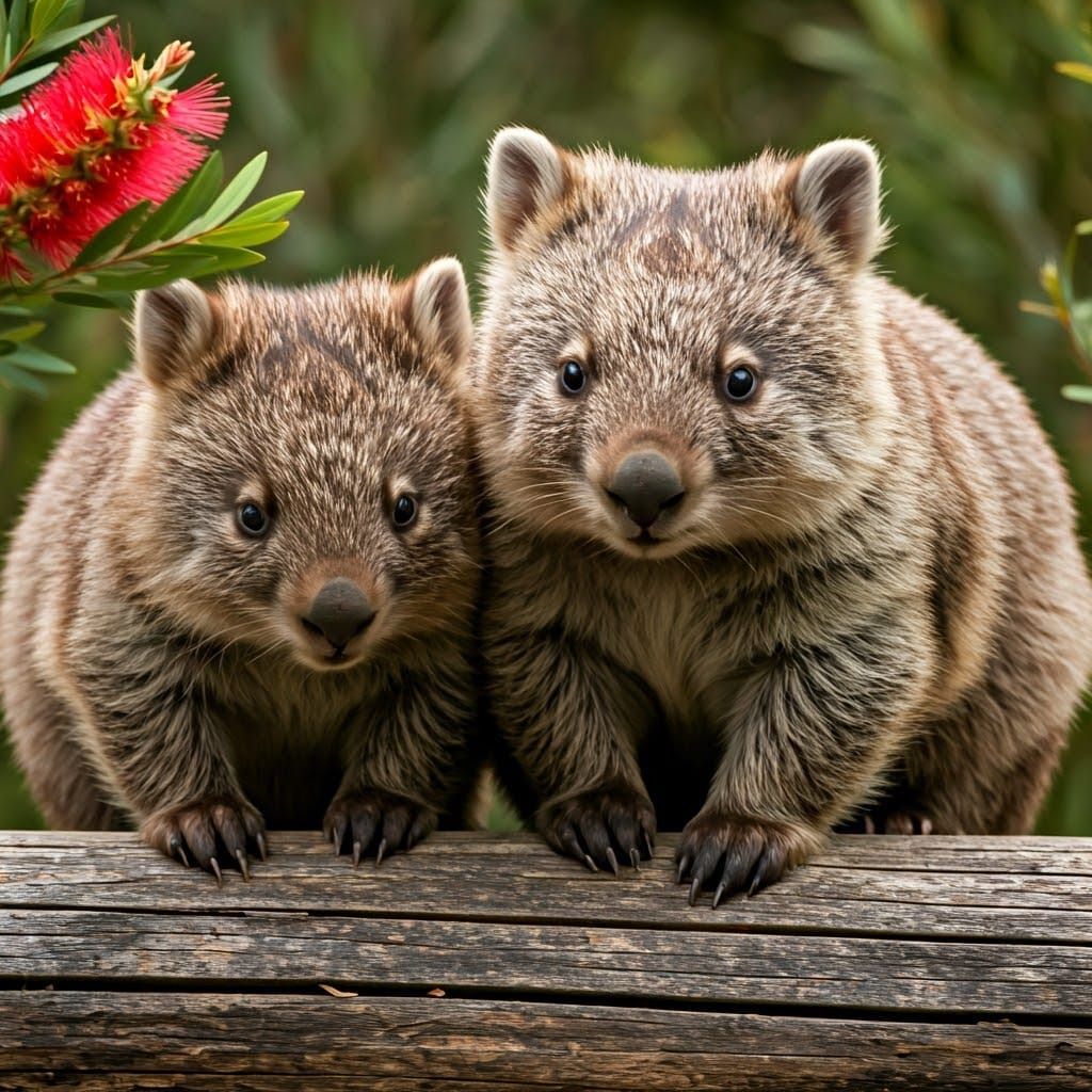 Wombat Family Amongst Bottlebrush Plants