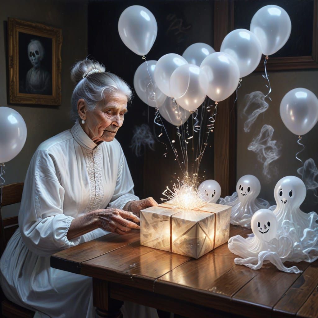 Eerie Oil Painting of Old Woman with Ghosts on Birthday