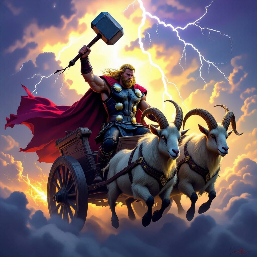 Thor Soaring Through Storm in Goat Chariot
