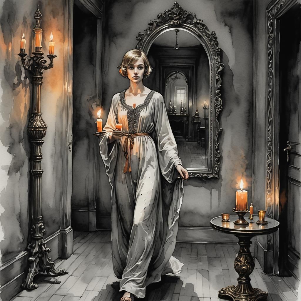 Woman with Candle in Dark Hallway, Color Splash