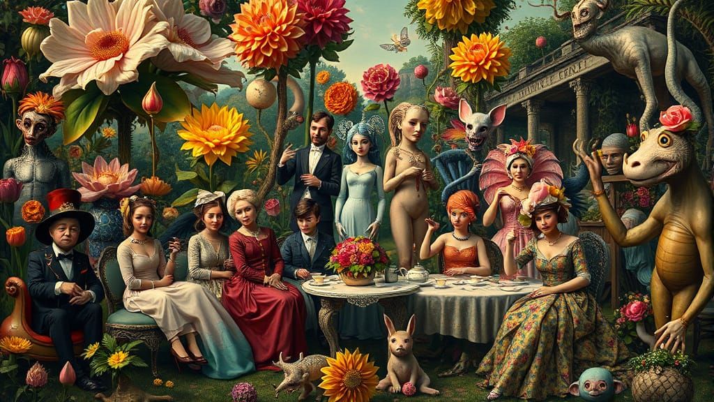 Surreal Garden Party with Towering Flowers