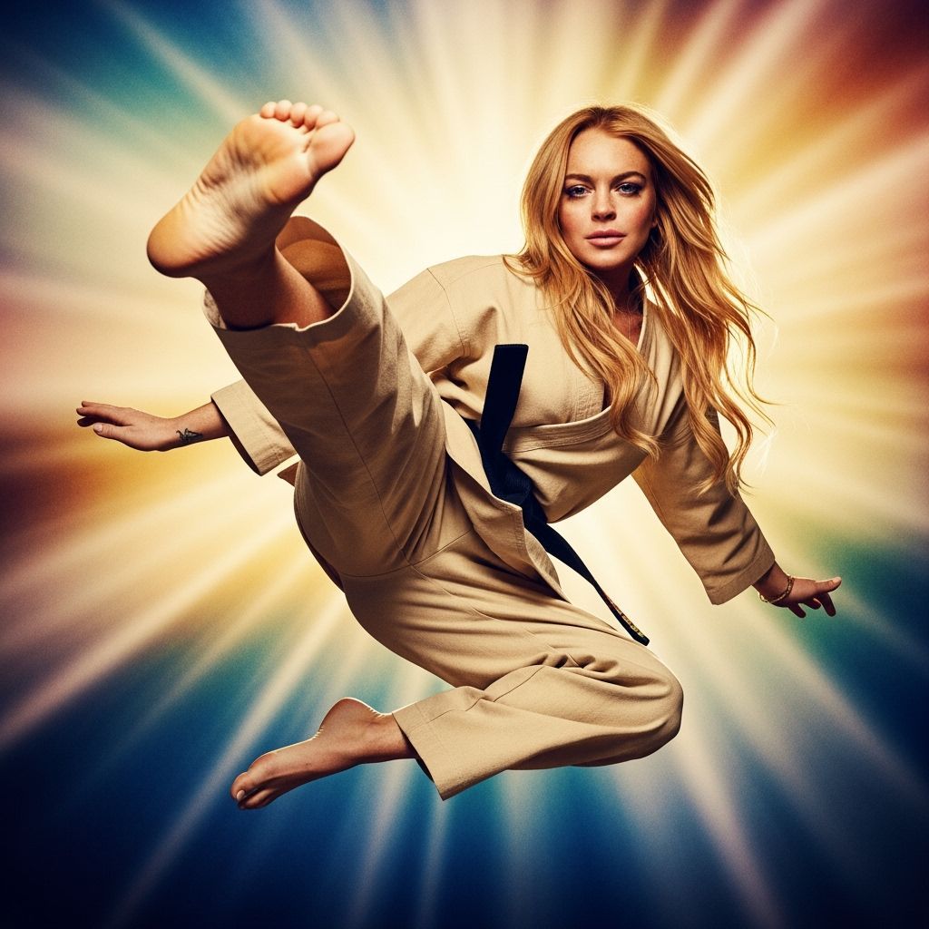 Lindsay Lohan Mid-Air Drop Kick in Hyperrealistic Poster Sty...