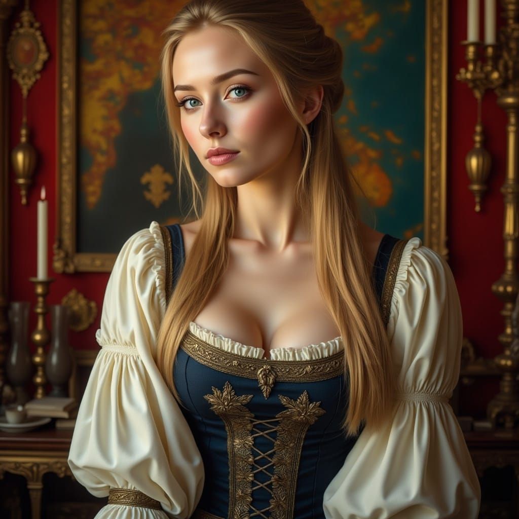 Medieval Woman in Embroidered Dress, Hyperrealistic Art