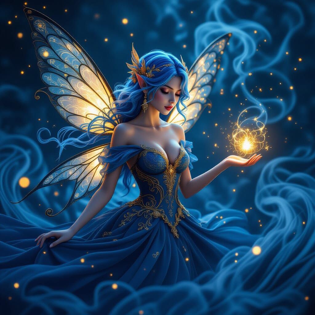 Detailed Fairy Amidst Smoke and Light Orbs in Matte Painting...