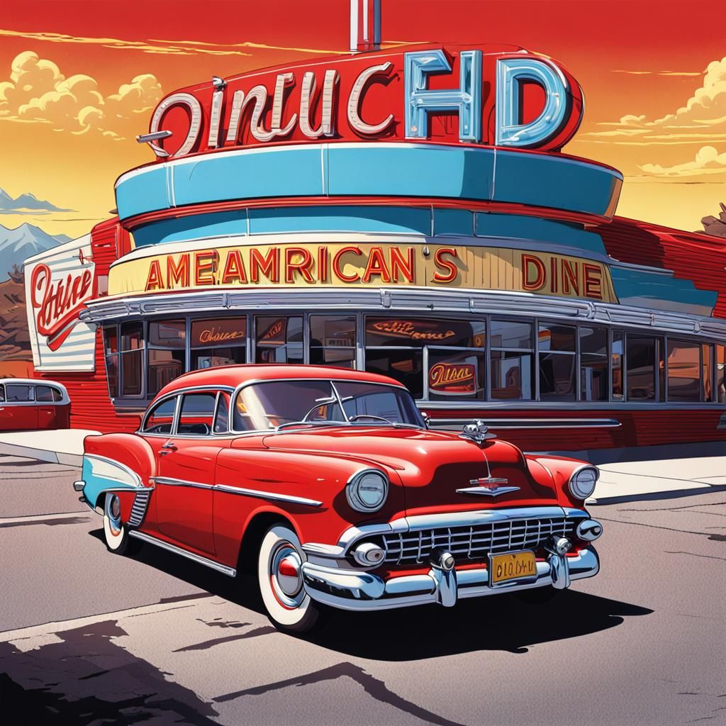1950s Chevrolet at Diner in Comic Book Style