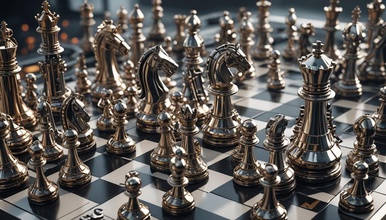 Futuristic Sci-Fi Chess Pieces in Polished Metal