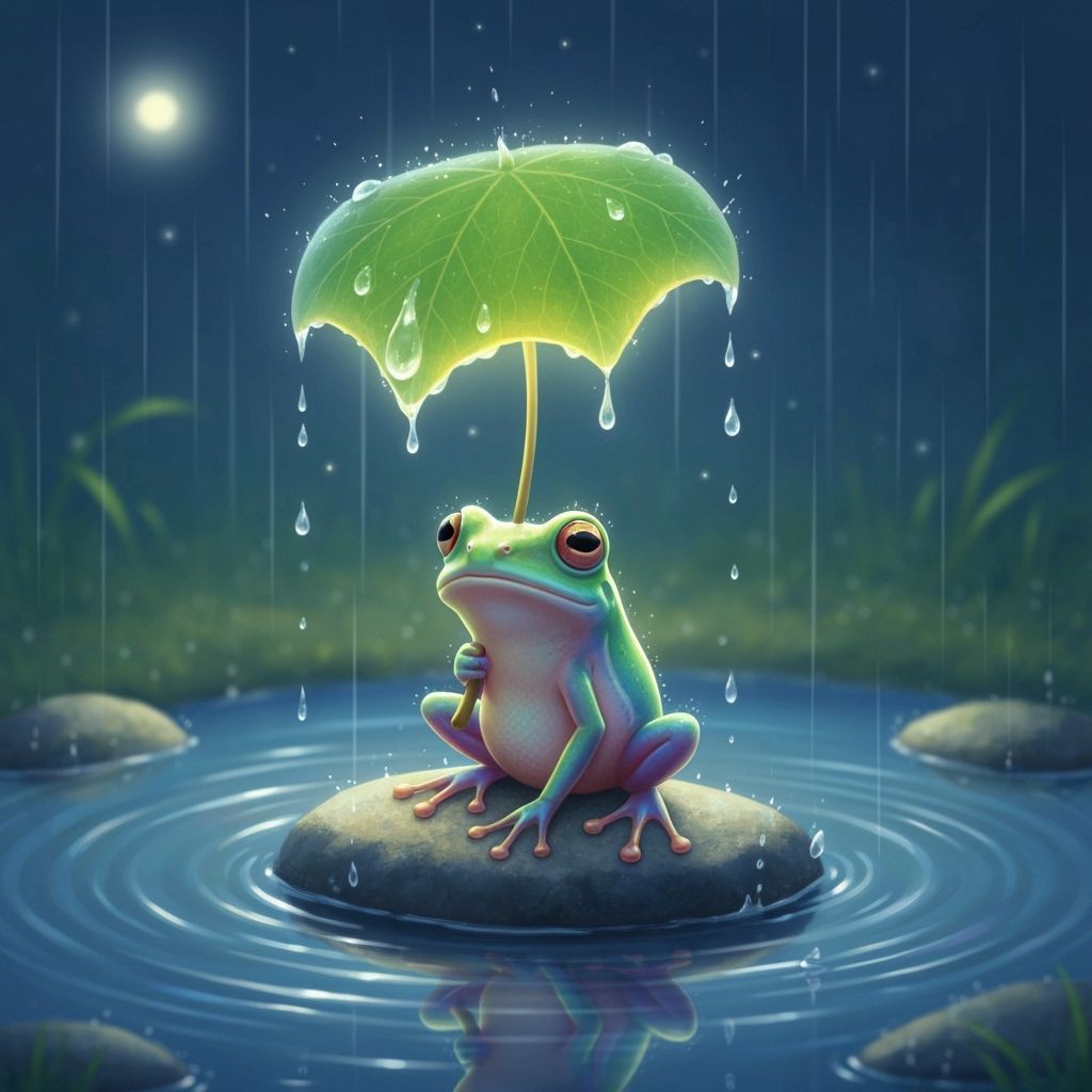 Whimsical Frog with Glowing Leaf Umbrella in Moonlight