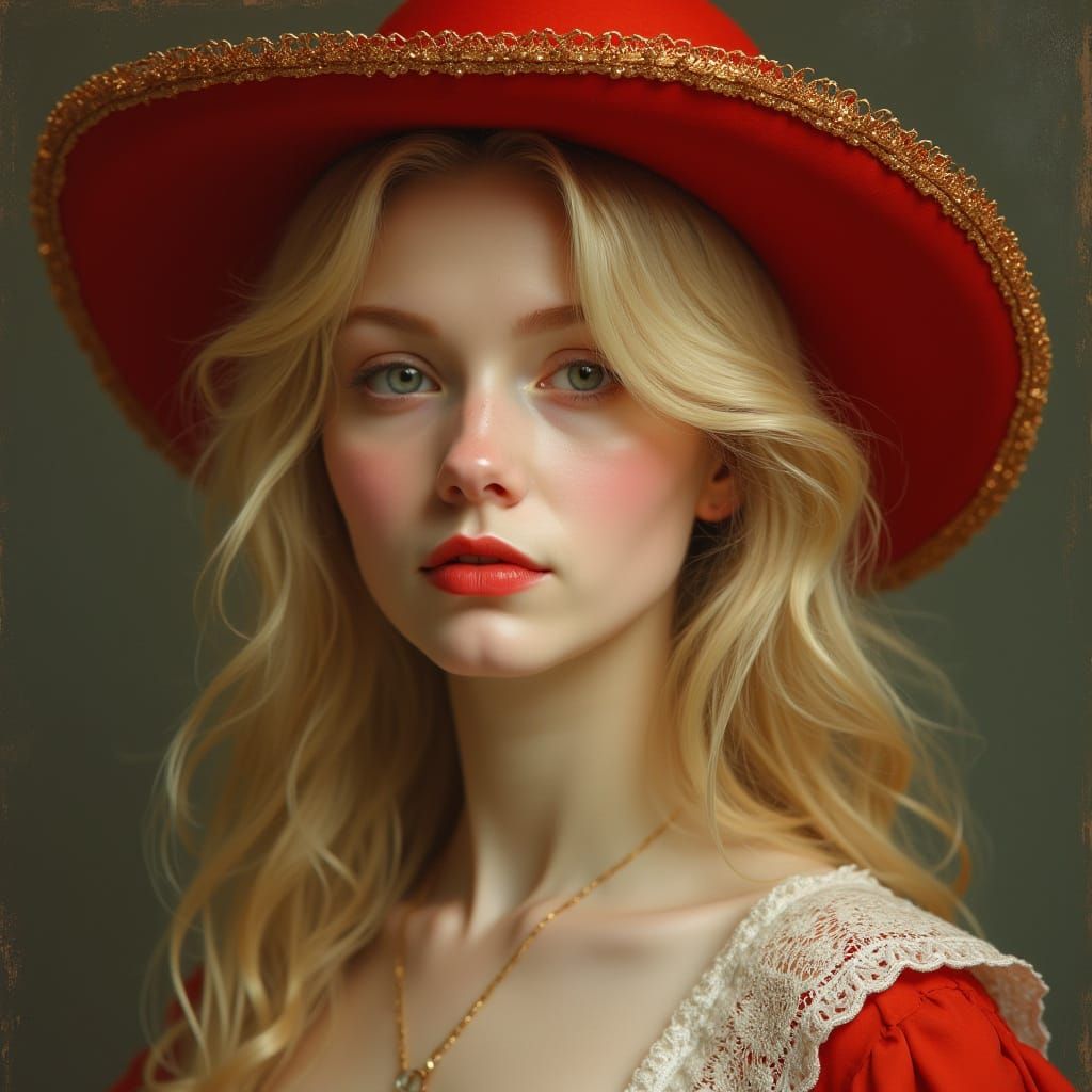 Elegant Blonde Woman in Oil Painting with Red Hat
