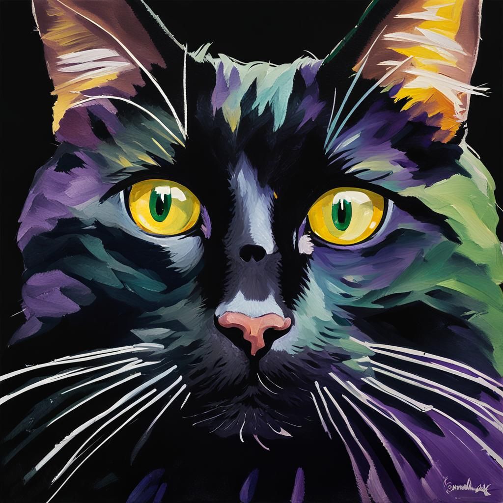 Regal Black Feline Portrait in Vibrant Impressionist Style