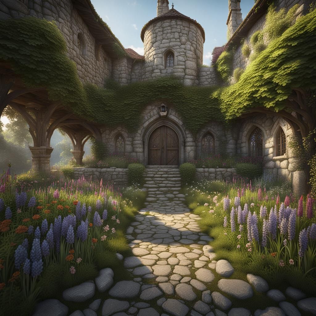 Medieval Herb Garden in Detailed Matte Painting Style