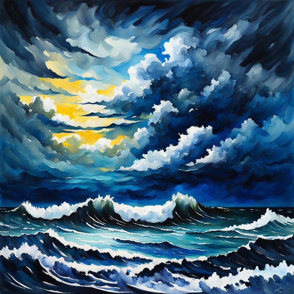 Dark Stormy Ocean at Night in Gouache Style