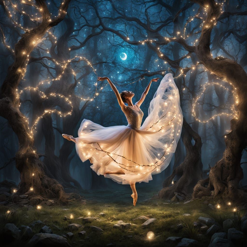 Ballerina Dancing in Enchanted Forest at Night