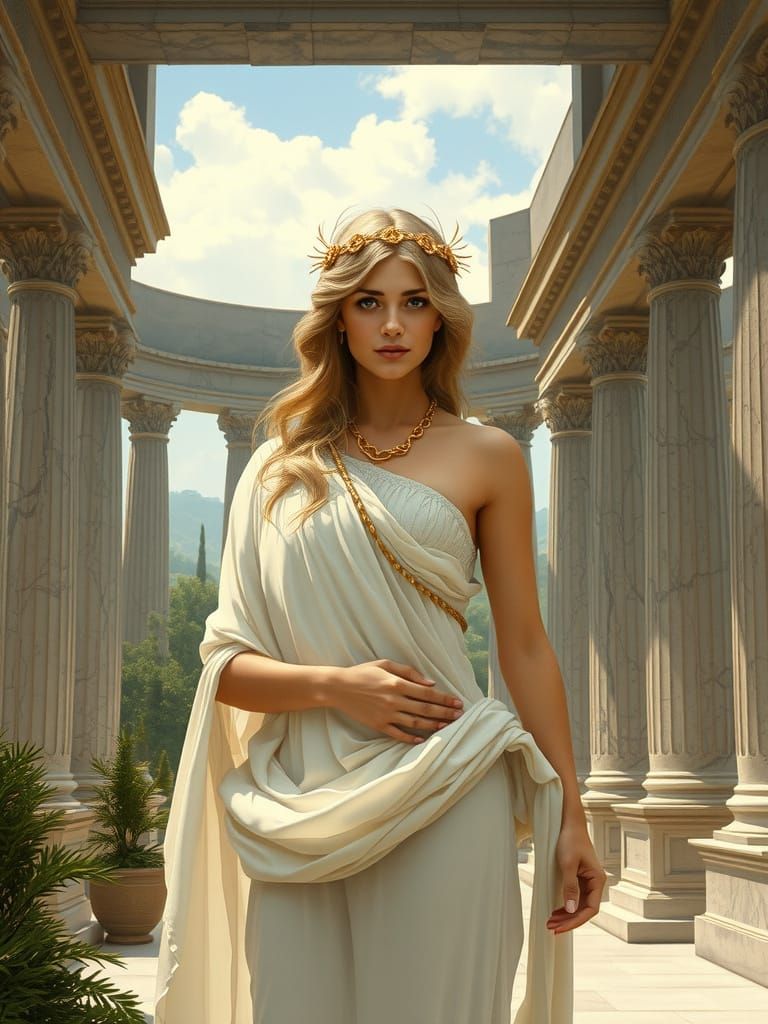 Regal Goddess in Ancient Greek Attire, Pre-Raphaelite Style