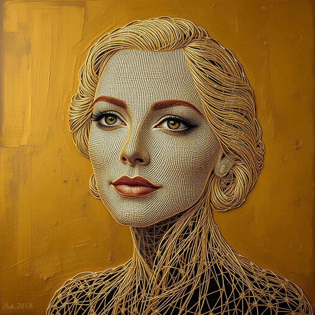 Gold and Silver Thread Lady Portrait as Embroidered Artwork