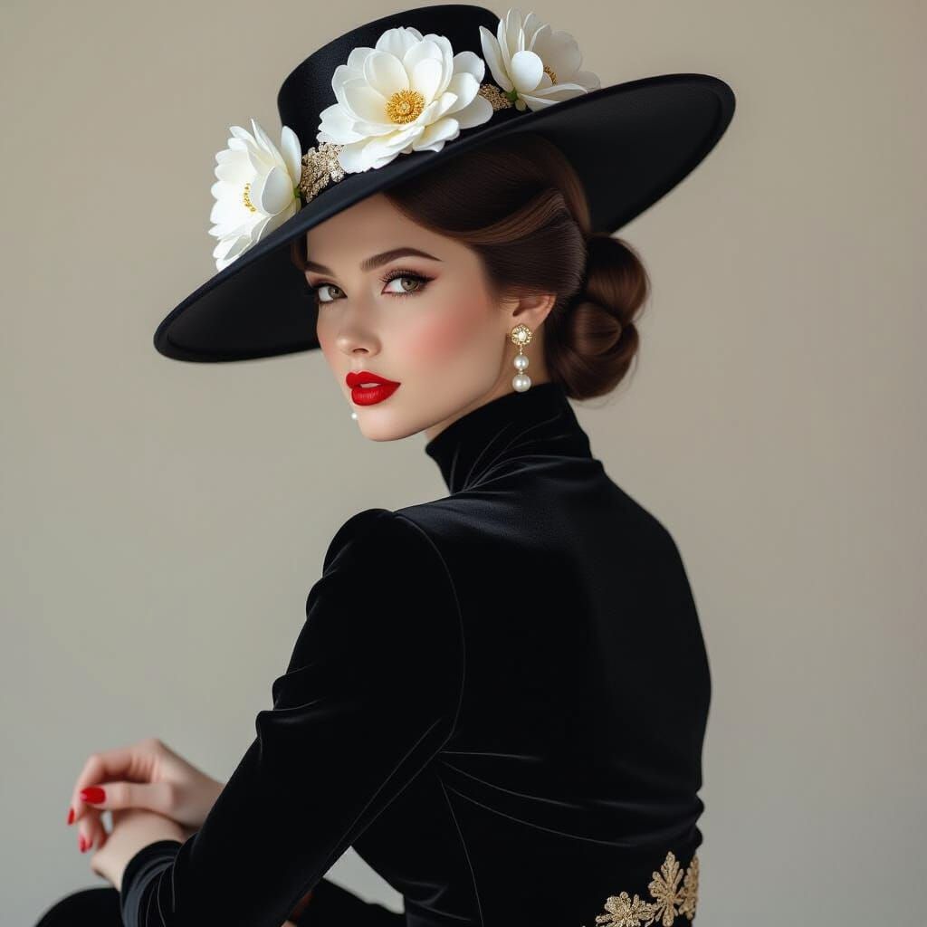 Fashion editorial of A woman wearing black velvet long sleev...