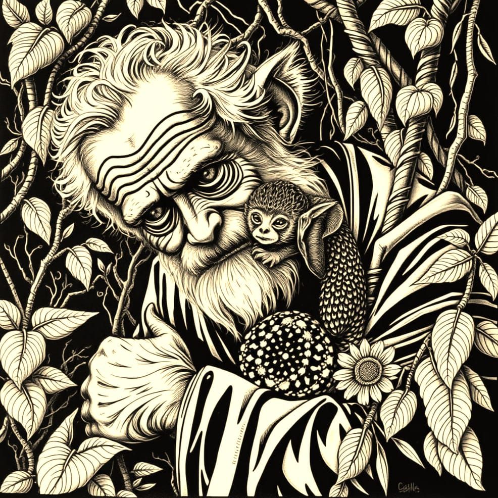 Exquisite Woodcut Print of Gentle Old Man with Baby Pygmy Ma...