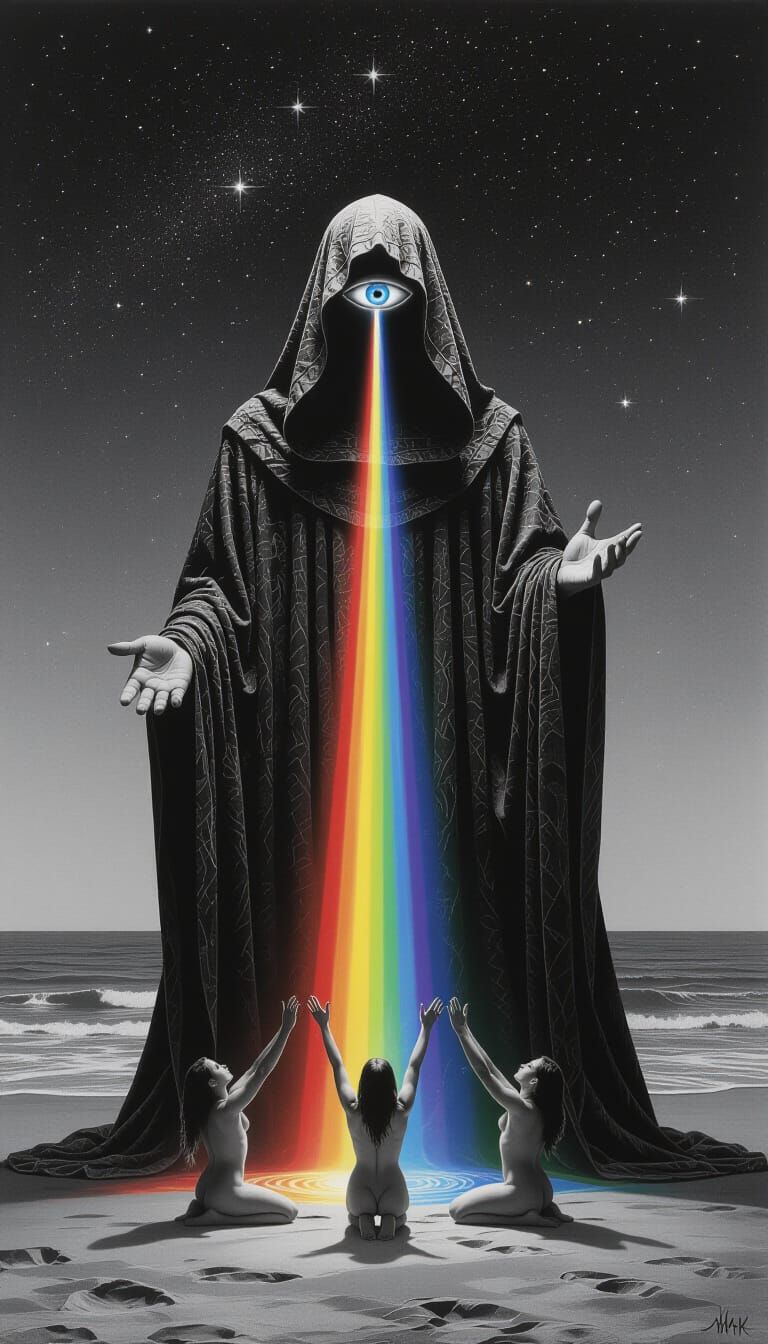 Monochromatic Charcoal Drawing of Mystical Figure Under Star...