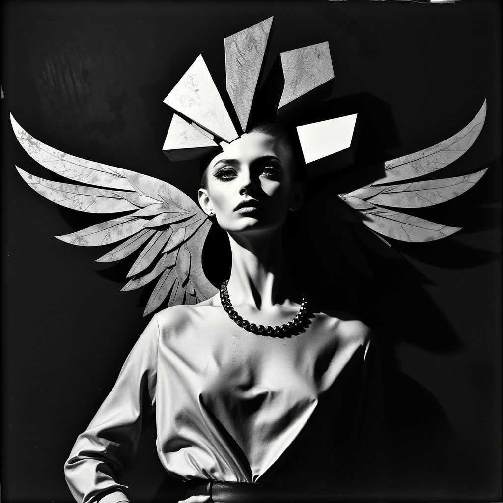 Geometric Winged Model in Dadaist Photogram Style
