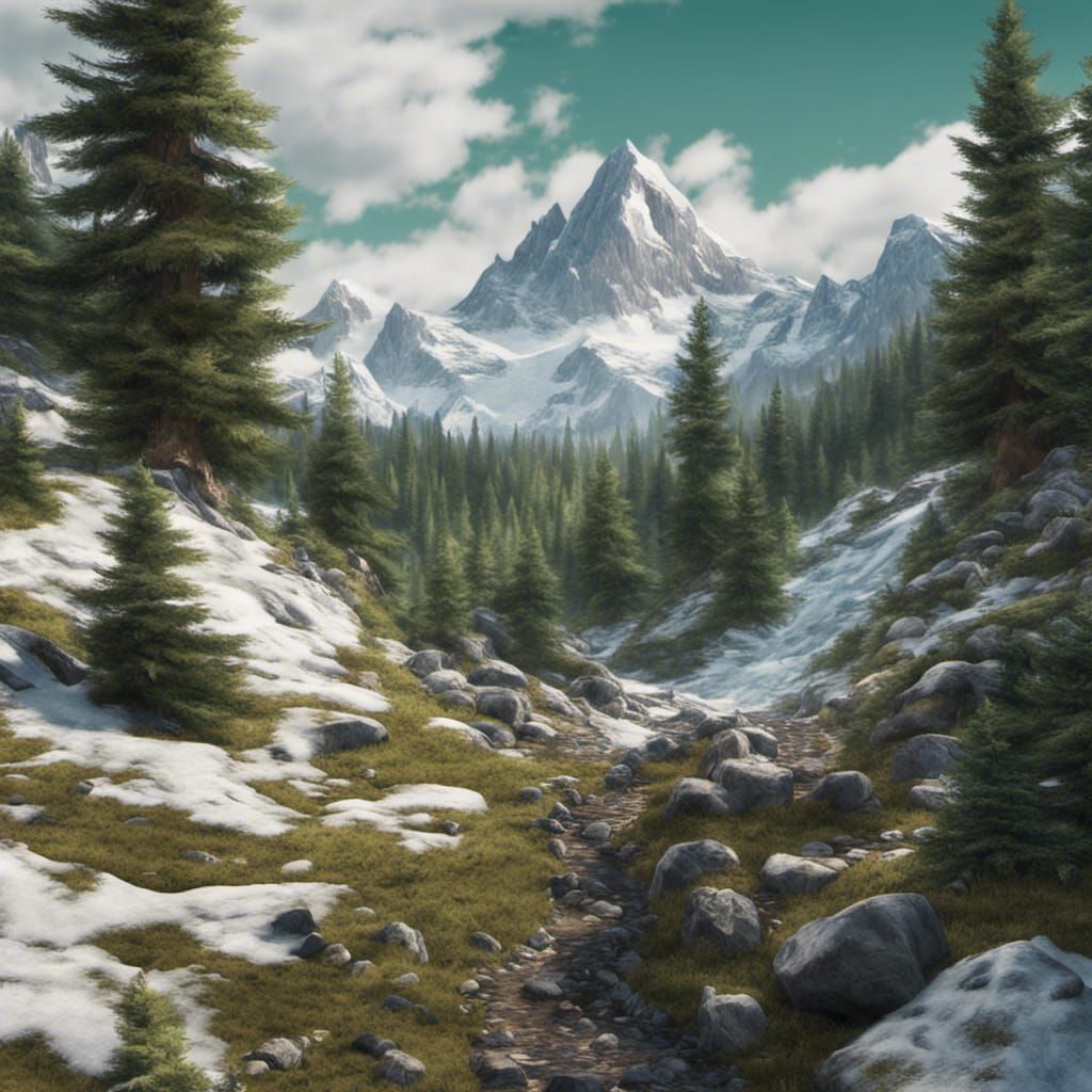 Hyperrealistic Mountain Path with Waterfall and Fir Trees