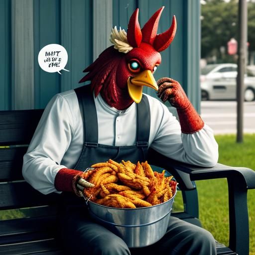 Surreal Rooster Man Eating Fried Chicken
