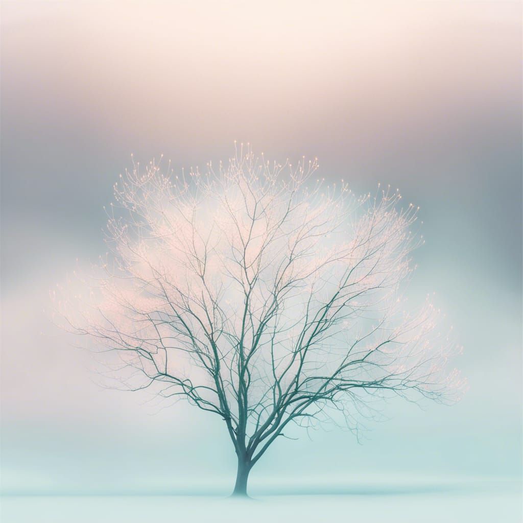 Ethereal Tree Branches in Fog: Minimalist Pastel Dreamscape
