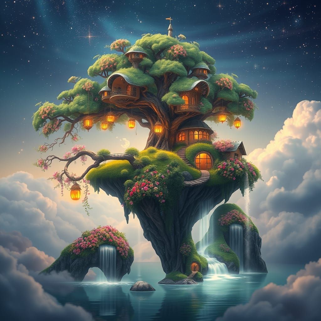 Ethereal Floating Island with Glowing Treehouse in Whimsical...