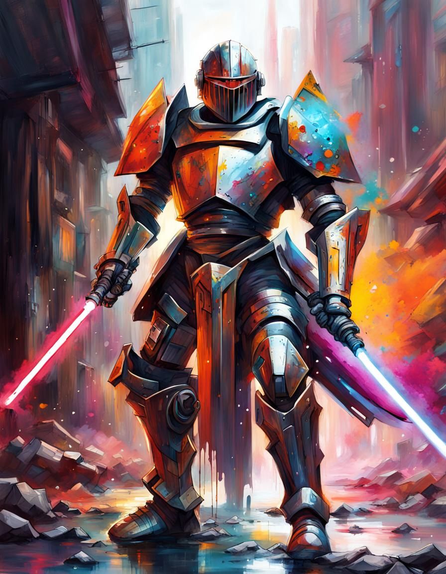 Futuristic Arthurian Knight Mech in Graffiti Art Style