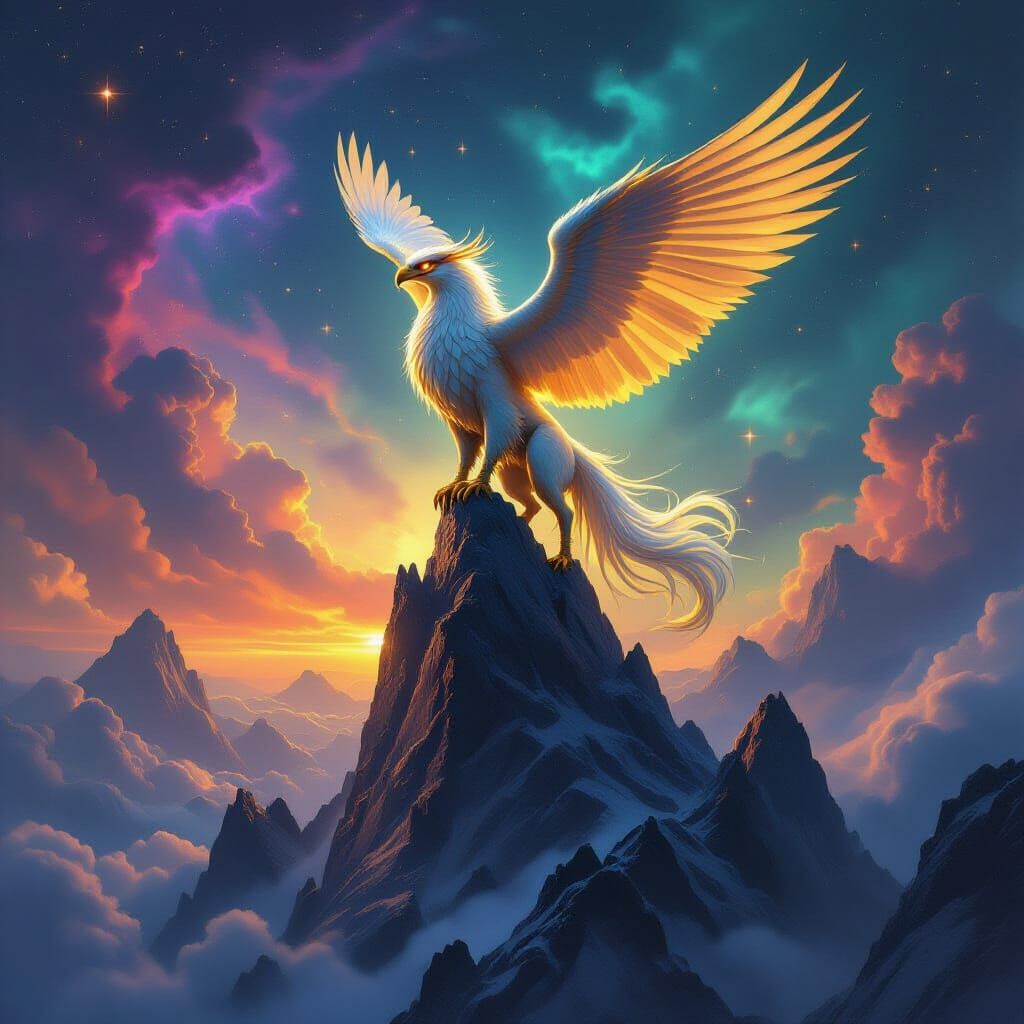 Majestic Griffin on Crystal Peak with Cosmic Sky
