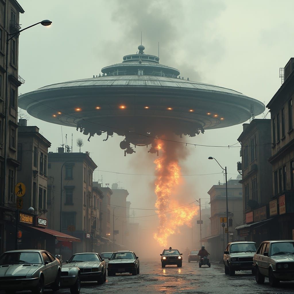 High-Tech Spaceship Battles F-16 Over War-Torn Cityscape